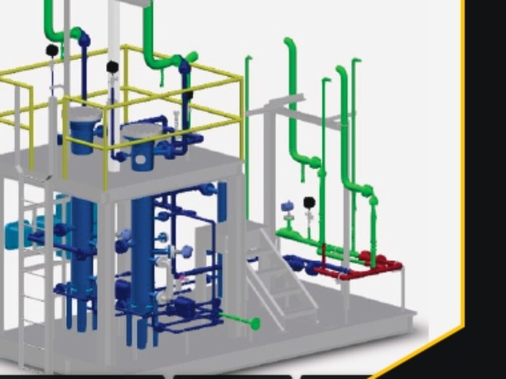 Modelo tridimensional de central de gás com tubulação, válvulas e plataforma de acesso